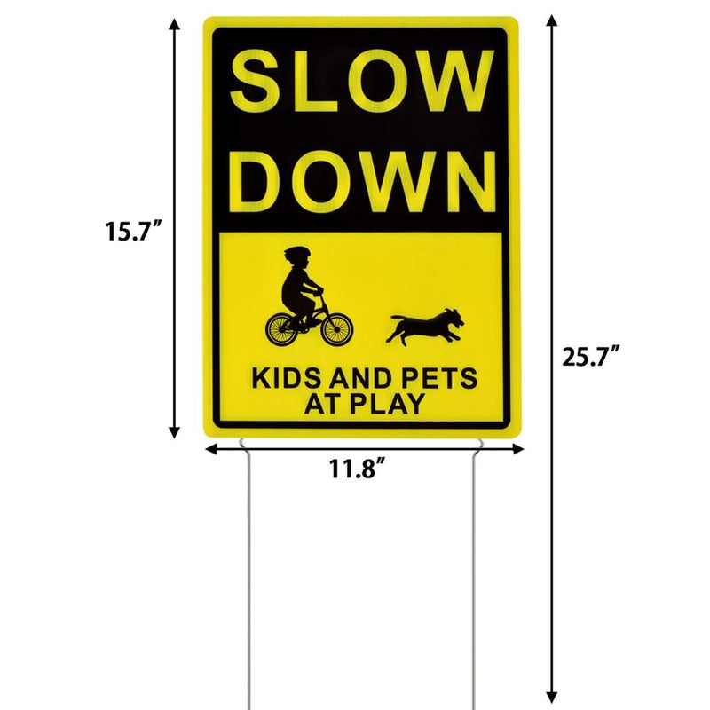 Kichwit Slow Down Kids and Pets at Play Yard Signs with Metal Stakes, 16 x 12 Inches/25.7 Inch High, 2 Pack Double Sided Children at Play Safety Signs for Street - Image 2